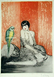 femme au perroquet - Gravure Art déco par Watson